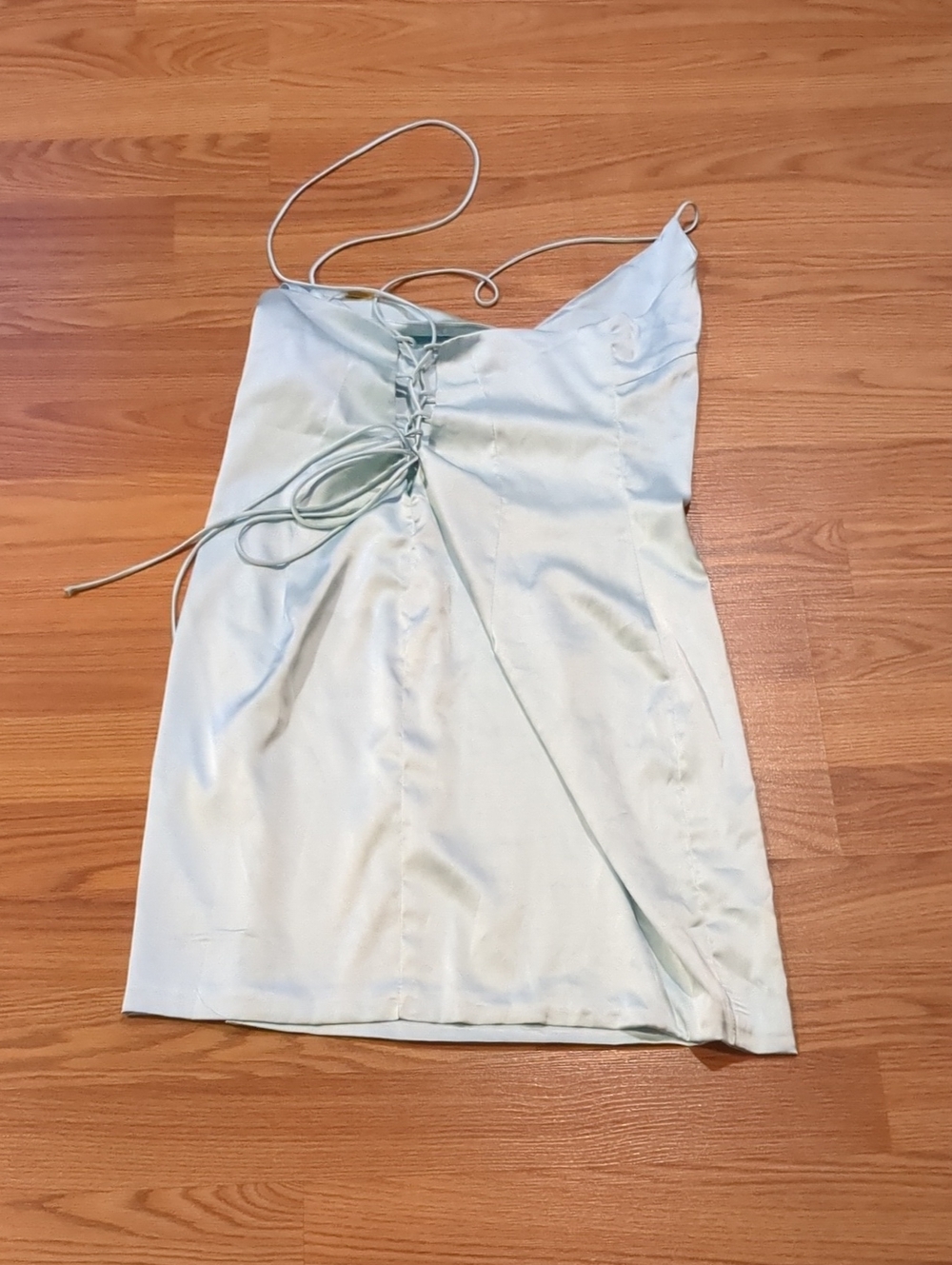 MESHKI NWT Annie Lace Up Back Satin Mini Dress Sage Size Medium - Picture 7 of 8